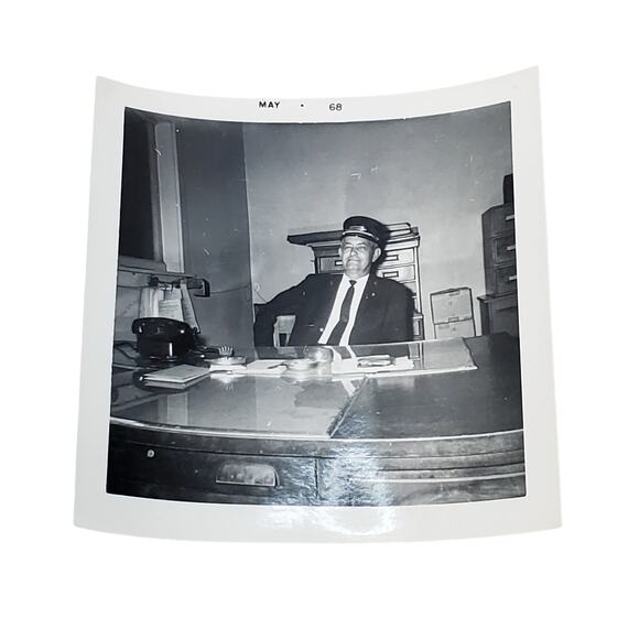 Vtg 1968 Monochrome Photography Conductor at Desk Working 3.5" x 3.5" Snapshot - Picture 1 of 4